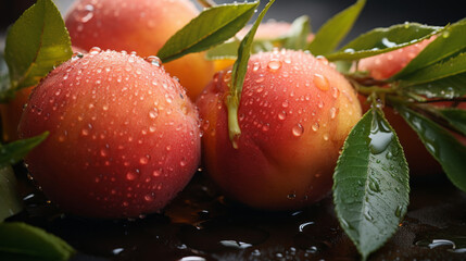 Fresh peach fruit with water droplets on branch in soft dreamy bright atmosphere. Natural fruits surface.