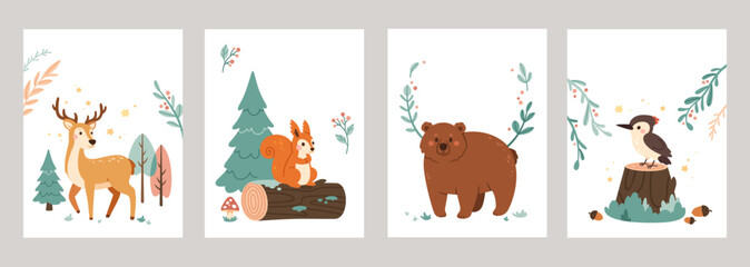 Woodland animals card. Cute deer, squirrel and woodpecker, bear forest cartoon characters and fir-tree, branches with leaves and berries Vector wildlife posters