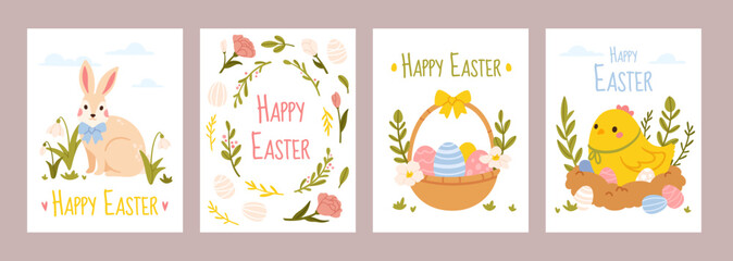 Fototapeta na wymiar Happy Easter posters. Holiday greeting cards with bunny, spring snowdrop flowers, basket with Easter eggs and cute yellow chick. Vector banner set