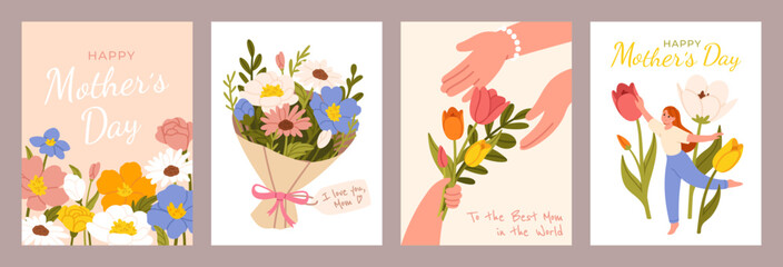 Happy Mothers day poster. Cards with flower bouquet, spring wildflowers, dancing woman and kid hand giving bouquet to mom. Vector greeting mothers Day card