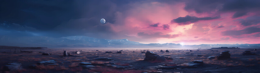 An ultra-wide vast wasteland, neon mirages come to life, casting ethereal dances on the distant horizon, while a large moon hangs suspended in the sky, creating a hauntingly beautiful landscape