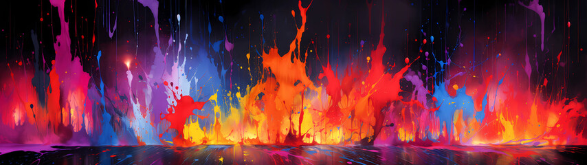 An ultra-wide explosion of neon-hued abstract splatters and drips creates a visually electrifying and dynamic canvas, where vibrant bursts of color converge in a kaleidoscopic dance