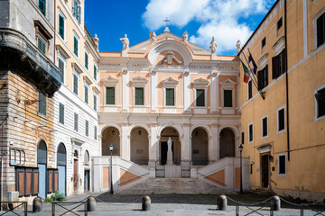 Beautiful morning view of the Roman Catholic church of Sant'Eusebio with Madonna and and Child in front of facade, Rome, Italy - 690236280