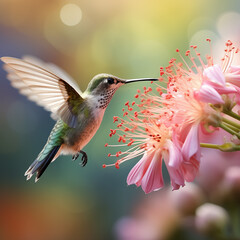 Colibri coloré en vol butinant une fleur rose sur fond flou profondeur de champ - obrazy, fototapety, plakaty