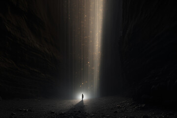 person standing in a canyon between two cliffs with a beam of golden light