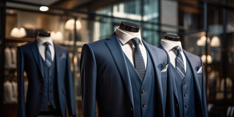 Dapper suits on mannequins showcase fine tailoring and elegance in men's fashion at a boutique. - obrazy, fototapety, plakaty