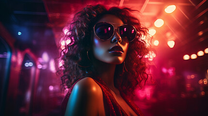 Captivating scene of girl in center of nightclub, illuminated by spotlight and laser lights, AI Generated