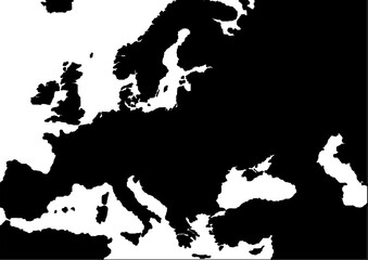 Map of Europe - black and white graphics. Topics: world, continent, islands, location, geography, land, seas and oceans, water