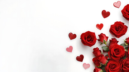 Fototapeta na wymiar Bouquet of red roses and hearts on white background. Valentine's day, banner format. Place for text. Generative Ai