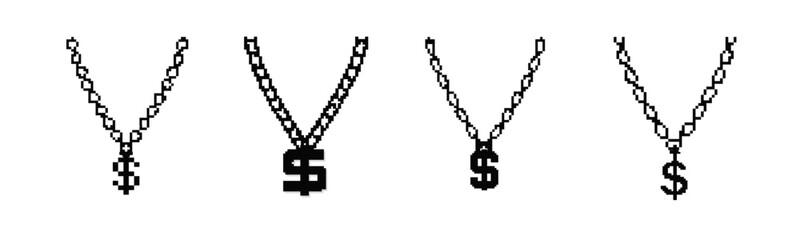 8 bit dollar chain icon. Pixel retro rapper chain vector - obrazy, fototapety, plakaty