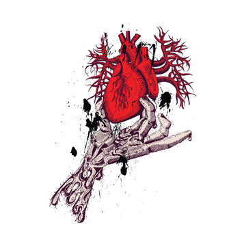 Free Vector T-shirt Design with Skeleton Hand Holding Anatomical Red Heart design