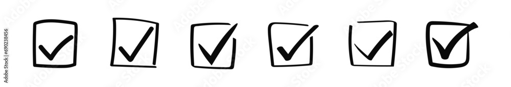 Poster doodle check marks in square check box. brush stroke tick in square frame