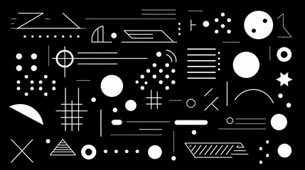 Abstract geometric background with doodle shapes, lines, circles, dots. Swiss aesthetic