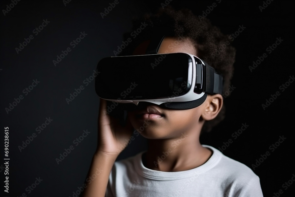 Poster generative ai person using virtual reality goggles 3d augmented experience exited digital world head