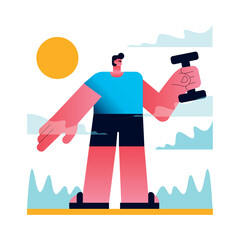 cartoon flat character of a man exercising with a dumbbell outside, minimalist design