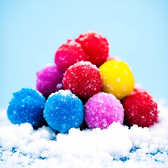 Snowballs of different colors are lying in a pile.