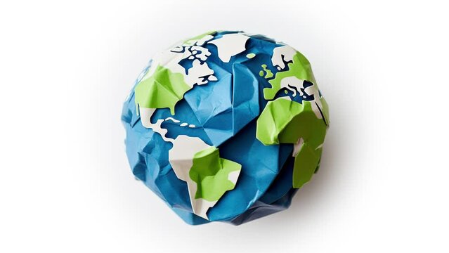 earth crumpled paper craft ball animation, green and blue color, white background, stop motion animation