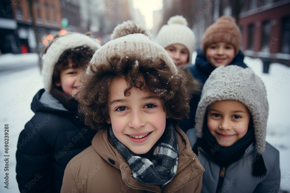 Poster AI generated image of happy carefree child walking on christmas market in small town