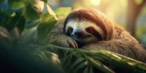 Serene sloth hangs leisurely amongst the green leaves, eyes closed in contentment