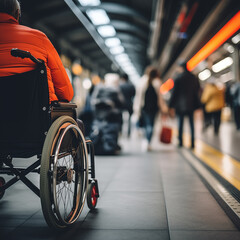 Low angle and selective focus view of disabilities people wheelchair wait for train on platform...