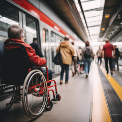 Low angle and selective focus view of disabilities people wheelchair wait for train on platform train station. - obrazy, fototapety, plakaty