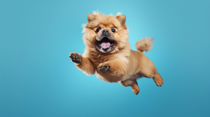 Chow Chow dog is jumping or running isolated on blue cyan background