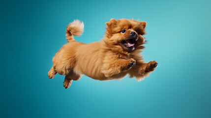 Chow Chow dog is jumping or running isolated on blue cyan background