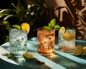 Organic detox water with yellow lemon slices, ice cubes, sparkling water in misted glass in modern mint color interior.