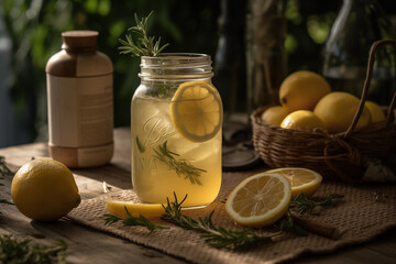 Lemonade soda drink with fresh lemons. Refreshing cocktail with lemon, mint and ice on textured light background. Summer cold drinks concept.