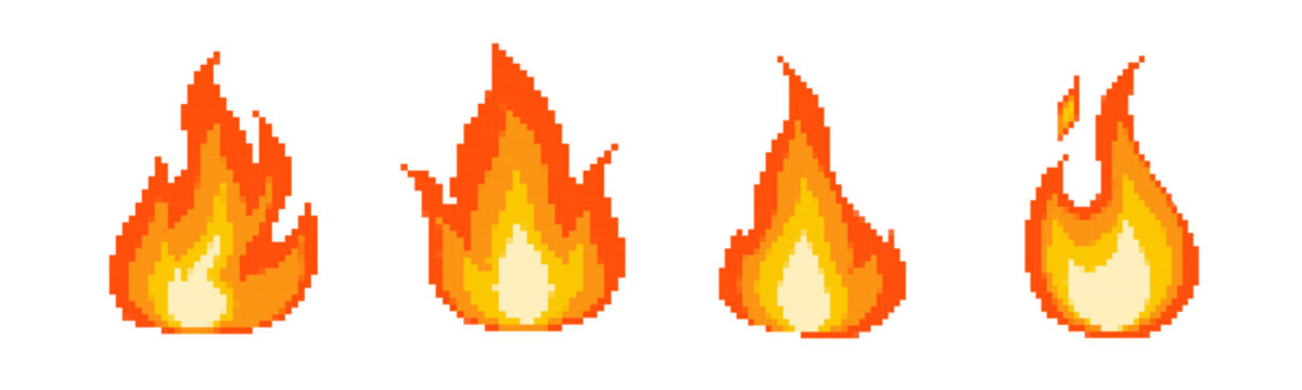 8 bit retro game fire icons. Pixel flame vector icons.
