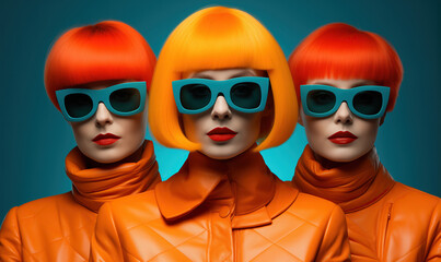 Three Stylish Mannequins Rocking Orange Leather Jackets, Wigs and Vibrant Color Sunglasses. Fashion Style Cover Magazine and Wallpaper - obrazy, fototapety, plakaty