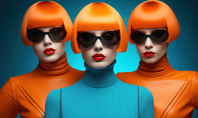 Three Stylish Mannequins with Vibrant Sunglasses and Playful Orange Wigs. Fashion Style Cover Magazine and Wallpaper