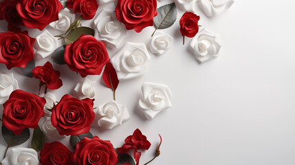 Background of red rose flowers on white background, texture. AI generative.
