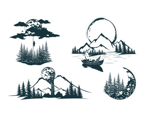 Мystical silhouettes of mountains, forests, moon and other design elements isolated on a white background. Vector prints for label or tattoo
