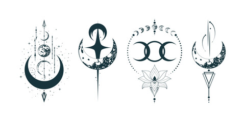 Four mystical moon illustrations isolated on white background. Vector bohemian prints. Spiritual lunar tattoo.