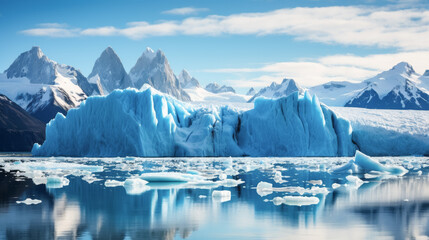 Icebergs in the ocean with mountains in the background, 3d render. Global warming and climate change concept.