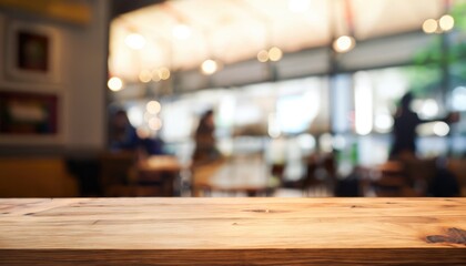 Wood table top on blur restaurant (cafe) interior background - obrazy, fototapety, plakaty