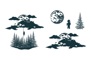 Set of forest trees, pine silhouettes , mountains, crescent moon, clouds. Vector isolated prints for label or tattoo. © Kirill