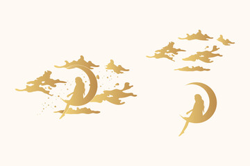 Golden mystical silhouettes of a girl sitting on a crescent moon and surrounded by clouds. Celestial vector illustration for card, label and t-shirt
