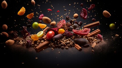 spices and candy falling from above, food photography, 16:9