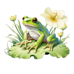 Green frog on lotus leaf