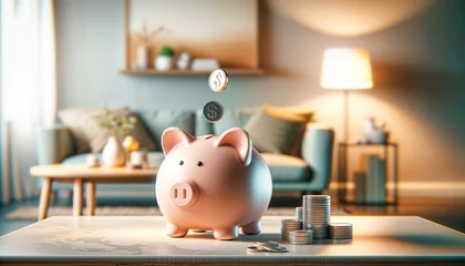 Fotobehang Pastel pink piggy money coins saving, financial investment and budget concept, money in the bank deposit and growth, pig hd © OpticalDesign