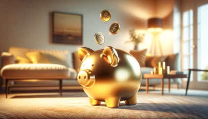 Fotobehang Gold piggy money coins saving, financial investment and budget concept, money in the bank deposit and growth, golden pig hd © OpticalDesign
