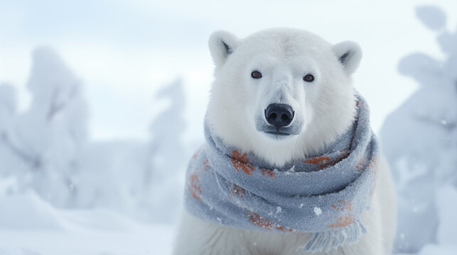 Picture of polar bear wearing scarf in cold winter snow
