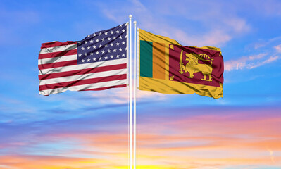 United States and Sri Lanka two flags on flagpoles and blue cloudy sky . Diplomacy concept, international relations