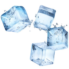 Falling or pouring ice cubes in space. Four flying ice cubes. isolated on transparent