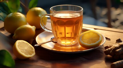 A cup of tea with lemon and ginger on a wooden table.