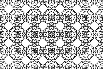 Elegant black and white grating of repeating openwork roses. Abstract endless texture. Vector seamless pattern for wrapping paper, giftwrap, surface texture, printing on clothes. Template for cutting - obrazy, fototapety, plakaty
