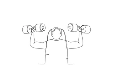 Single continuous line drawing of A man doing fitness using dumbbells. Fitness stretching concept. Trendy one line draw design vector illustration
