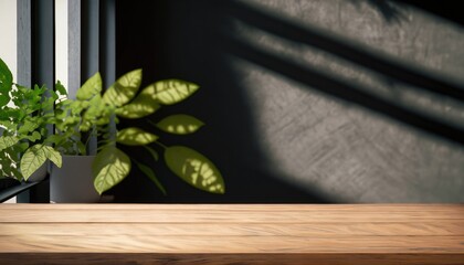 wood table green wall background with sunlight window